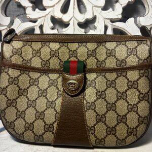 Gucci GG Supreme Web Stripe Crossbody Clutch Vintage Brown Leather